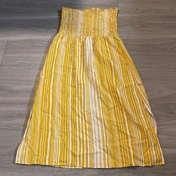 Socialite casual spring/summer strapless scrunched top yellow striped dress sm - Picture 1 of 7